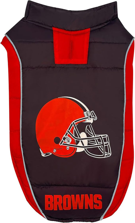NFL Cleveland Browns Puffer Vest for Dogs & Cats, Size Small. Warm, Cozy, and Waterproof Dog Coat, for Small and Large Dogs/Cats. Best NFL Licensed PET Warming Sports Jacket