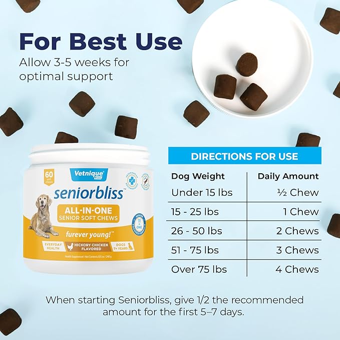 Vetnique Seniorbliss Senior Dog Multivitamin with Glucosamine, Omega 3 Fish Oil, and Probiotics - for Dog Joints, Digestive and Immune Support for Optimal Health (All-in-One Daily Vitamin, 60ct)