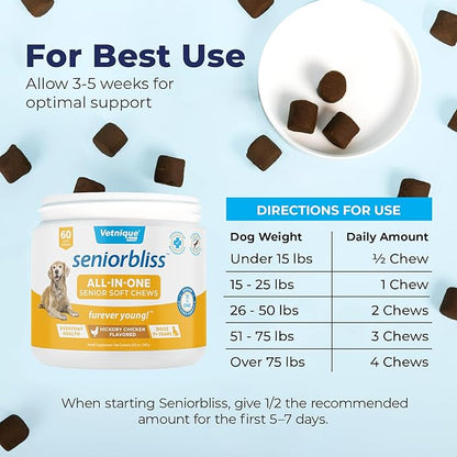Vetnique Seniorbliss Senior Dog Multivitamin with Glucosamine, Omega 3 Fish Oil, and Probiotics - for Dog Joints, Digestive and Immune Support for Optimal Health (All-in-One Daily Vitamin, 60ct)