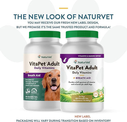 NaturVet - VitaPet Adult Daily Vitamins for Dogs - Plus Breath Aid - Provides a Full Spectrum of Vitamins & Minerals - Enhanced with Omega-6 Fatty Acids (180 Time Release Chewable Tablet