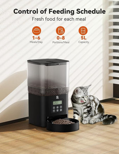 Automatic Cat Food Dispenser,Automatic Dog Feeder 5L Programmable Control 1-6 Meals Per Day,Automatic Pet Feeder for Cats and Dogs,10s Voice Recorder & Dual Power Supply