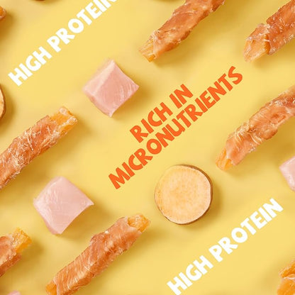 Dog Treats Chicken Wrapped Sweet Potato Fries with Taurine, Gluten Free Grain Free Training Snacks for Small Medium Large Dogs, Skinless Sweet Potato Stripes & Chicken Bites Chewy