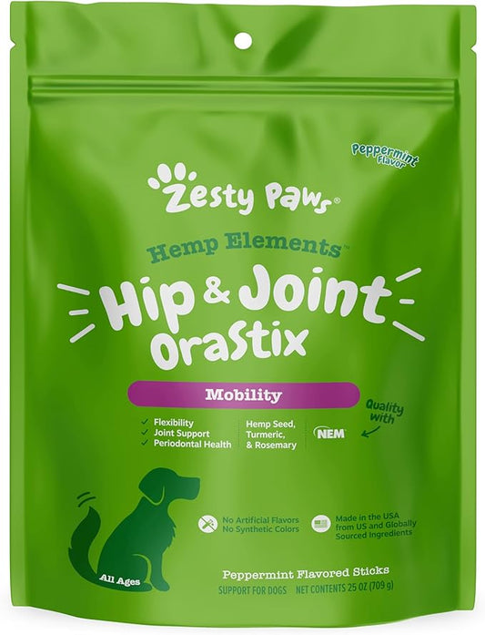 Zesty Paws OraStix for Dogs - Hip & Joint Mobility Sticks with Hemp Seed Curcumin Eggshell Membrane Taurine Support for HIPS Joints Cartilage Health Proprietary Healthy Teeth Gum Blend 25oz