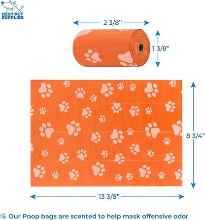 Best Pet Supplies Dog Poop Bag Holder Leash Attachment with 30 Bags, Reusable Dispenser for Travel, Walking, Park, and Outdoor Use, Durable with Clip-On - Orange, Pack of 2