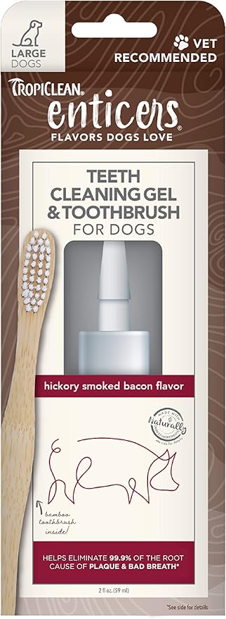 TropiClean Enticers Teeth Cleaning Gel & Toothbrush for Large Dogs | Hickory Smoked Bacon Flavor | Bamboo Brush Speeds Up Plaque Removal | Gel Helps Fight Bad Breath | 2 oz
