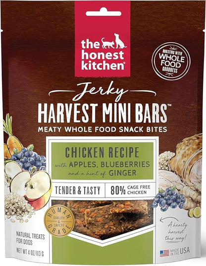Variety Pack (2) Honest Kitchen Jerky Harvest Mini Bars Dog Treats (4-oz Bags) with AuroraPet Wipes