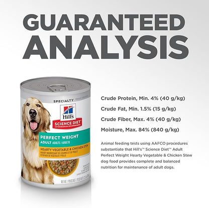 Hill's Science Diet Perfect Weight, Adult 1-6, Weight Management Support, Wet Dog Food, Chicken & Vegetables Stew, 12.5 oz Can, Case of 12