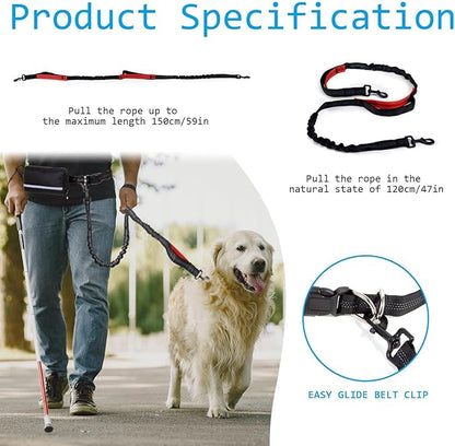 Hands Free Dog Leash with Zipper Pouch, Dual Padded Handles and Durable Bungee for Walking, Jogging and Running Your Dog, Waist Belt Dog Leash, Reflective Running Traction (Red)