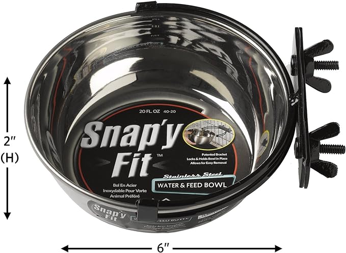 MidWest Homes for Pets Snap'y Fit Food Bowl | Pet Bowl, 20 oz. (2.5 cups) | Dog Bowl Easily Affixes to a Metal Dog Crate, Cat Cage or Bird Cage | Pet Bowl Measures 6L x 6W x 2H Inches,Silver