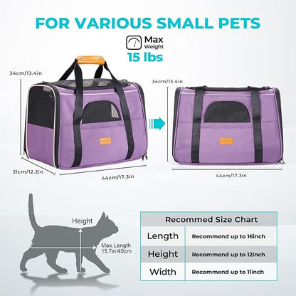 Morpilot Portable Cat Carrier - Soft Sided Cat Carrier for Medium Cats and Puppy up to 15lbs, Pet Carrier with Locking Safety Zippers, Foldable Bowl, Airline Approved Travel Dog Carrier - Purple