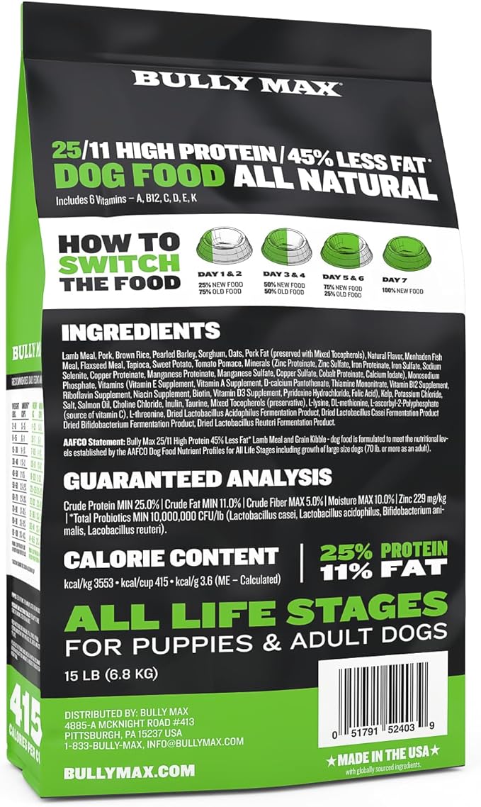 Bully Max 25/11 High Protein & Low Fat Dry Lamb Dog Food for Puppies and Adult Dogs - Chicken-Free Lamb Flavor - Natural Puppy Food for All Ages, Small and Large Breeds - Large Kibble Size, 5 lb. Bag
