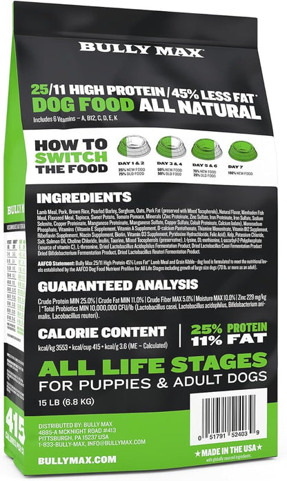 Bully Max 25/11 High Protein & Low Fat Dry Lamb Dog Food for Puppies and Adult Dogs - Chicken-Free Lamb Flavor - Natural Puppy Food for All Ages, Small and Large Breeds - Large Kibble Size, 5 lb. Bag