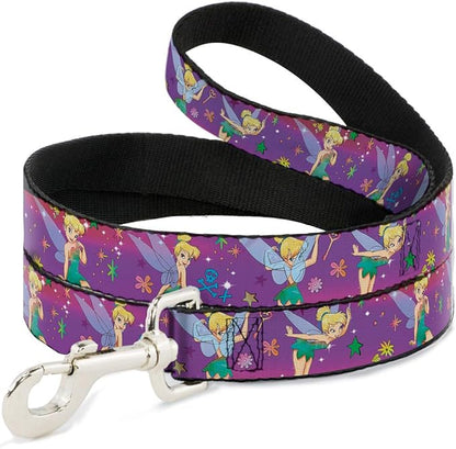 Buckle-Down Pet Leash - Tinker Bell Poses/Flowers/Stars/Skull Purple - 6 Feet Long - 1.5" Wide