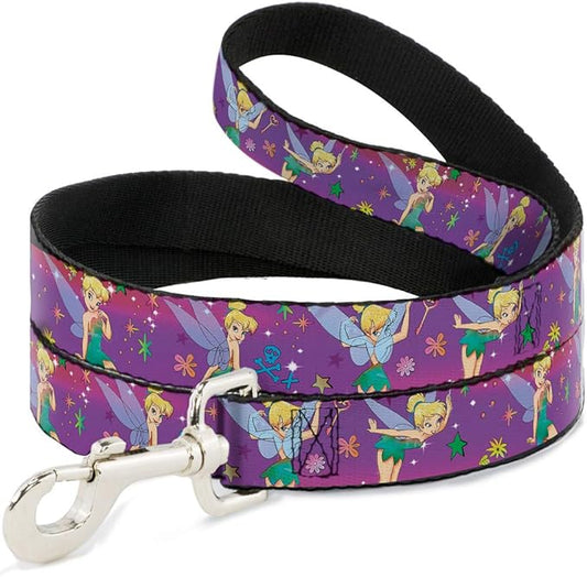Buckle-Down Pet Leash - Tinker Bell Poses/Flowers/Stars/Skull Purple - 6 Feet Long - 1" Wide