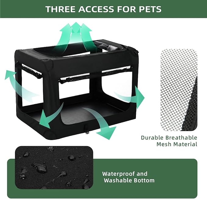 27 inch 3-Door Collapsible Dog Crate for Medium Dogs, Portable Dog Travel Crate for Indoor & Outdoor, Soft Side Pet Foldable Kennel Cage with Durable Mesh Windows & Strong Steel Frame