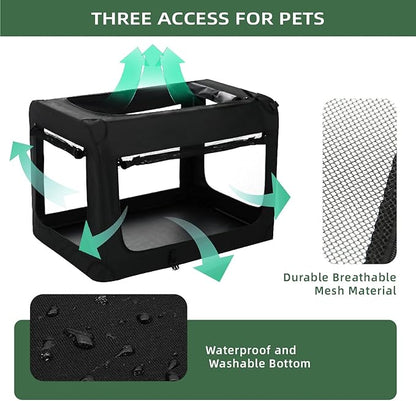 27 inch 3-Door Collapsible Dog Crate for Medium Dogs, Portable Dog Travel Crate for Indoor & Outdoor, Soft Side Pet Foldable Kennel Cage with Durable Mesh Windows & Strong Steel Frame