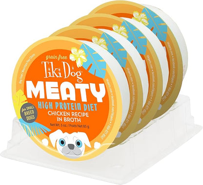 Tiki Dog Meaty – Grain Free High Protein Wet Dog Food Chicken Recipe in Broth, 4 cans, 3 oz, NO Color