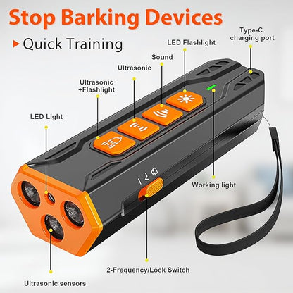 Anti barking device, Rechargeable ultrasonic dog repeller, up to 23 Ft Effective Control Range, Safe for Human & Dogs, Portable Indoor & Outdoor, Dog Training & Behavior Aids (Black Orange)