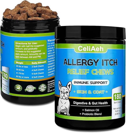 Dog Allergy Relief Chews-Dog Itching Skin Relief Pills -Salmon Oil & Probiotics for Skin Health & Immunity Boost, Supporting Seasonal Allergies & Hot Spot Treatment
