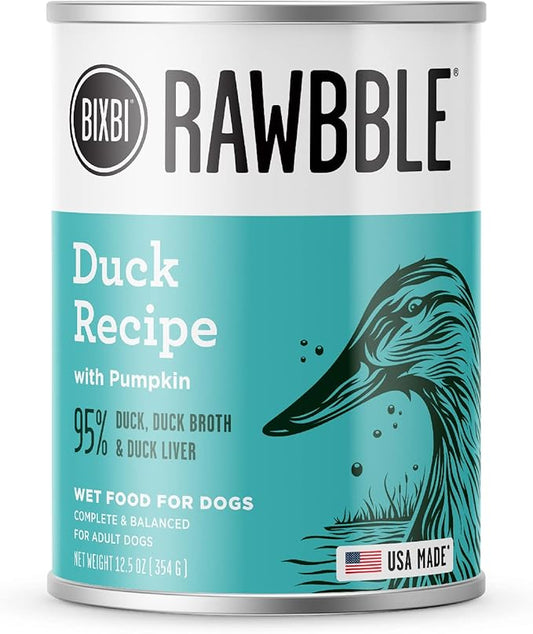 BIXBI Rawbble Grain-Free Canned Wet Dog Food, Duck Recipe, 12.5 oz. Cans (Pack of 12)
