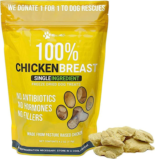 Max and Neo Freeze Dried Chicken Breast Dog Treats - Single Ingredient, Pasture Raised, Antibiotic Free, Human Grade Chicken Grown in The USA - We Donate 1 for 1 to Dog Rescues for Every Product Sold