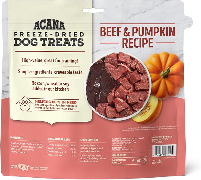 ACANA Singles Freeze Dried Dog Treats, Limited Ingredient Grain Free Beef & Pumpkin Recipe, 3.25oz