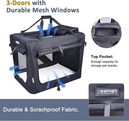 JESPET 30'' Soft Dog Crates Kennel for Pets, 3 Door Soft Sided Folding Travel Pet Carrier with Straps and Fleece Mat for Dogs, Cats, Rabbits, Grey Blue, Beige & Black (30”L x 21”W x23” H, Black)