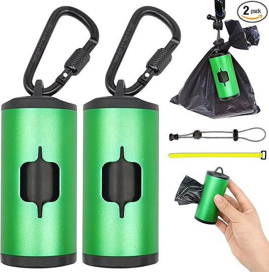 2 Pack Metal Dog Poop Bags Holder Aluminum Poo Bags Dispenser with 30 Black Unscented Pet Waste Bags and 3 Leash Accessories for Dog Walking(2 Holders 30 Bags,Green)