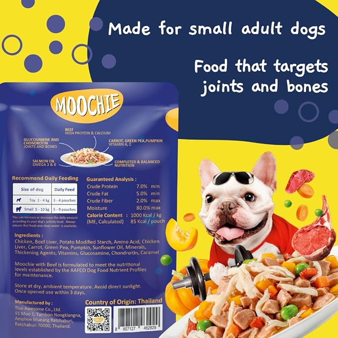 MOOCHIE Fit and Firm Wet Dog Food - Grain Free Wet Dog Food - Made with Real Beef and Vegetables - No Added Preservatives or Artifical Flavors - Suitable for Small Adult Breeds - 12 x 85g Pouch