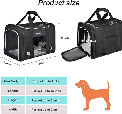 Petmolico Cat Carrier Dog Carrier, Airline Approved Soft Pet Travel Carrier with 3 Open Doors Mesh Windows for Cats Puppy 16 lbs, Black
