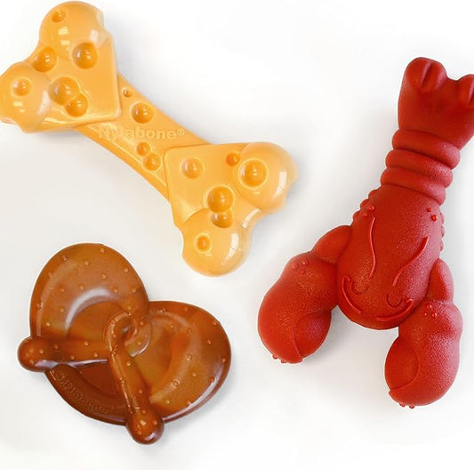 Nylabone Power Chew Dog Chew Toy Pack Bundle - Fun & Cute Dog Toys for Aggressive Chewers, Tough Dog Toys, Lobster, Cheese, and Pretzel Shapes, Small/Regular (3 Count)