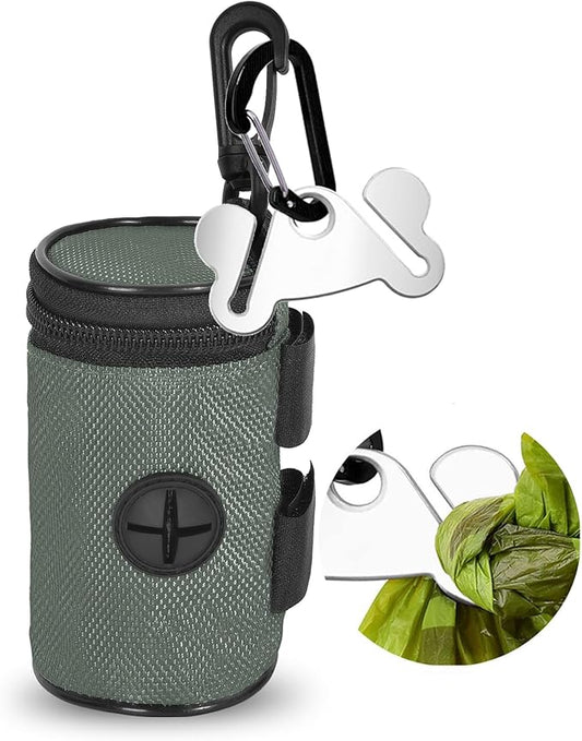 Dog Poop Bag Holder for Leash Attachment - Waste Bag Dispenser for Leash - Fits Any Dog Leash - Portable Set with Hand Free Holder Metal Carrier, Round Shape, Grey