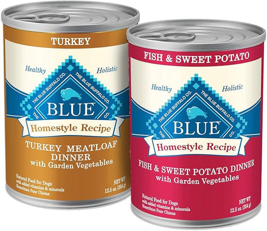 Blue Buffalo Homestyle Recipe Natural Adult Wet Dog Food, Turkey Meatloaf and Fish & Sweet Potato Bundle