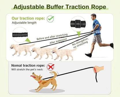 Pecute Hands Free Dog Leash with Pouch, Waist Belt Fanny Pack with Soft Pads, Dual Padded Handles, and Durable Bungee for Walking, Hiking, Jogging Biking, and Running (Up to 220lbs) Blue