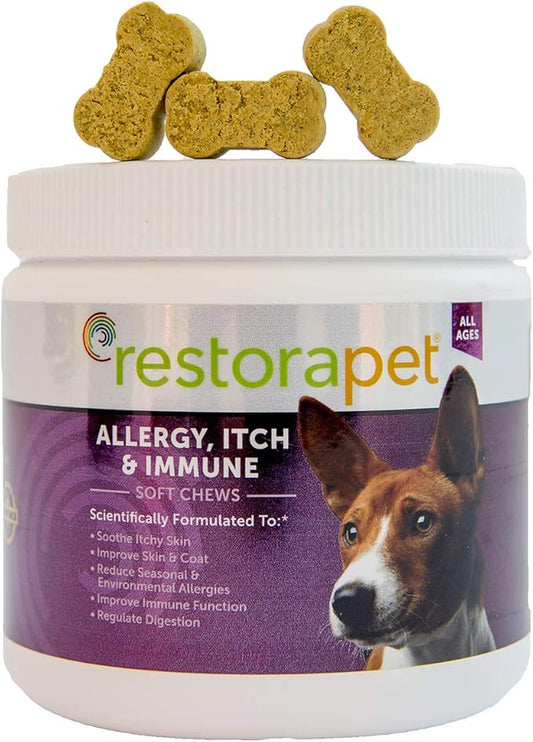 RestoraPet Allergy, Itch & Immune Soft Chews - Natural Supplement for Dogs - Support Immunity, Soothe Skin Irritation, Improve Coat Quality – with Lactoferrin, Colostrum & Omega 3-60 Bacon Chewables