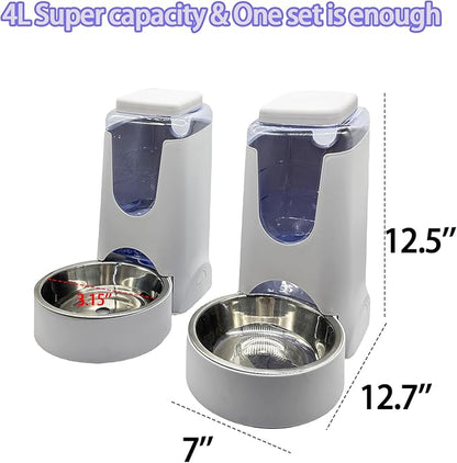 Pets Automatic Gravity Feeder Dogs 2.8L Food & 4L Water Dispenser Set with Stainless Steel Bowl for Small Medium Big Puppy Kitten(Light Gray)