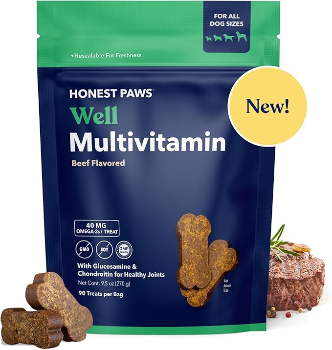 Honest Paws Dog Multivitamin Soft Chews - Joint Flexibility Mobility Support - Soft Shiny Healthy Coat - Immune, Eye, Heart Support - Glucosamine & Chondroitin, Omega-3 Fatty Acids - Beef Flavor