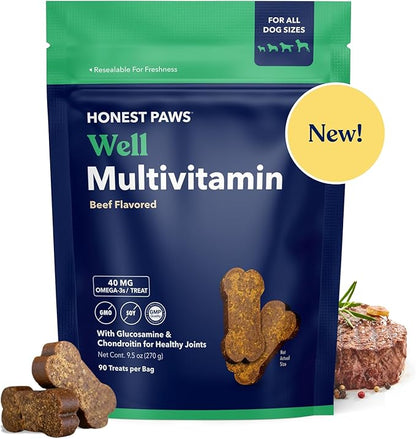 Honest Paws Dog Multivitamin Soft Chews - Joint Flexibility Mobility Support - Soft Shiny Healthy Coat - Immune, Eye, Heart Support - Glucosamine & Chondroitin, Omega-3 Fatty Acids - Beef Flavor