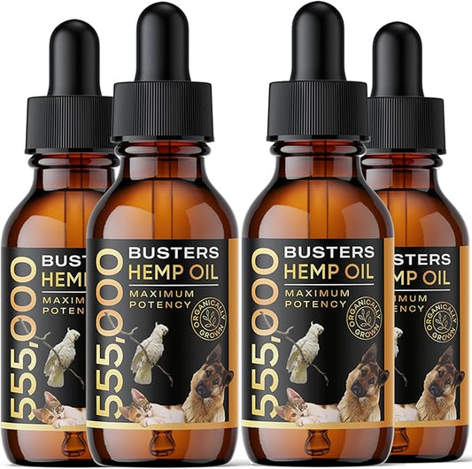 Buster's Organic Hemp Oil for Dogs and Pets, 4PACK-8MTH-supply, 555,000 Max Potency, Large 60ml Bottle, Made in USA - Miracle Formula, Perfectly Balanced Omega 3, 6, 9 - Joint Relief, Calming
