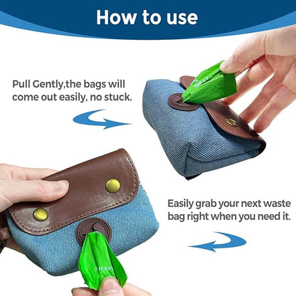 Dog Poop Bag Holder, Portable Dog Poop Bag Dispenser with 1 Metal Clip, Jeans & PU Leather Poop Pag Polders for Leashes