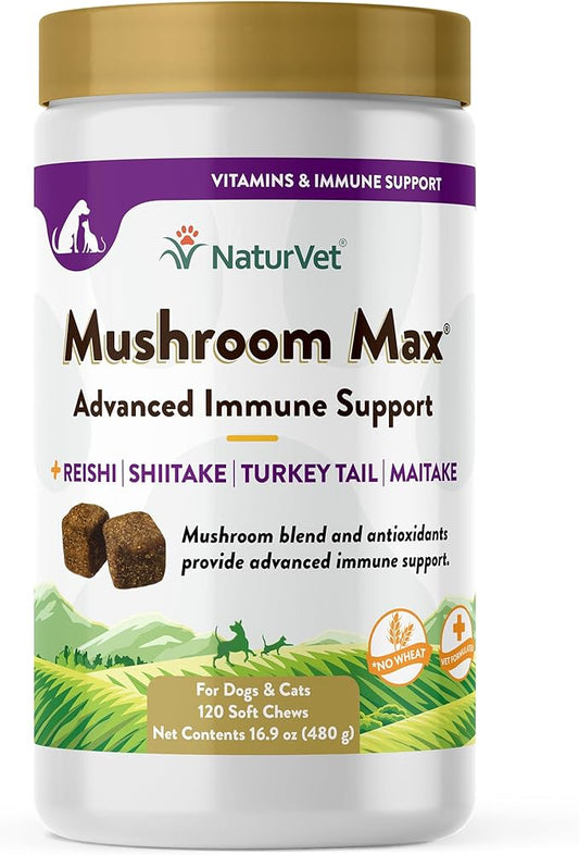 NaturVet Mushroom Max Advanced Immune Support Dog Supplement – Helps Strengthen Immunity, Overall Health for Dogs – Includes Shitake Mushrooms, Reishi, Turkey Tail – 120 Ct.