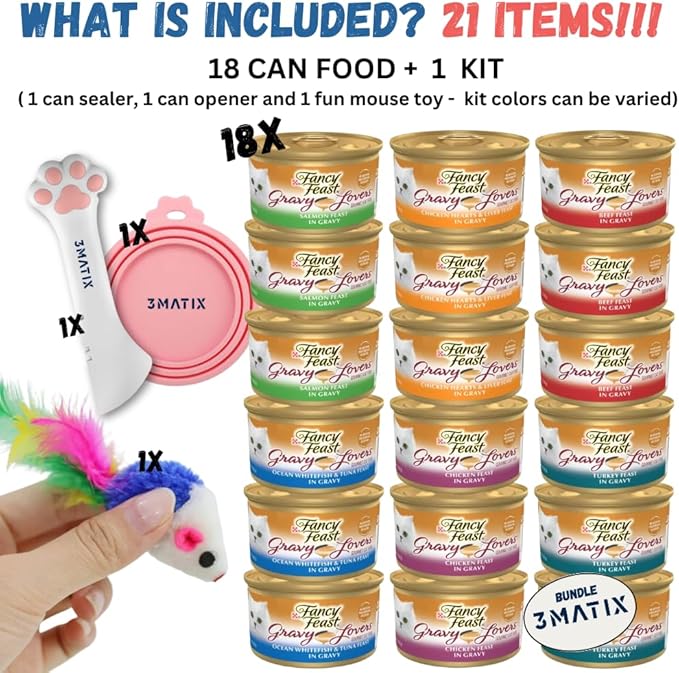 Fancy Feast Wet Cat Food Gravy, Grain Free Chicken Hearts & livers, Turkey, Beef and Seafood Variety Bundle (Pack of 18) 3oz. Cans & 1 Exclusive kit (1x can Sealer, 1x can Opener, 1x Mouse Toy)