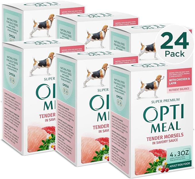 OPtimeal Wet Dog Food Pouches - Proudly Ukrainian - Nutritionally Balanced Dog Food Wet Recipe for Digestive Care of Adult Dogs (4.5lbs Total (24 Pouches), Chicken & Lamb)