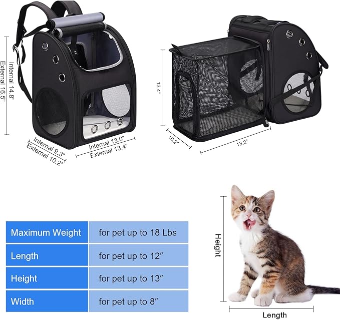 Expandable Pet Carrier Backpack for Cats, Dogs and Small Animals, Portable Pet Travel Carrier, Super Ventilated Design, Airline Approved, Ideal for Traveling/Hiking/Camping, Black
