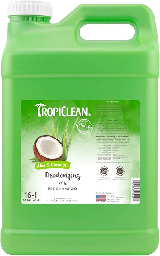 TropiClean Aloe & Coconut Deodorizing Dog Shampoo for Smelly Dogs | Odor Control Shampoo for Stinky Dogs | Natural Pet Shampoo Derived from Natural Ingredients | Cat Friendly | Made in USA | 2.5 gal.