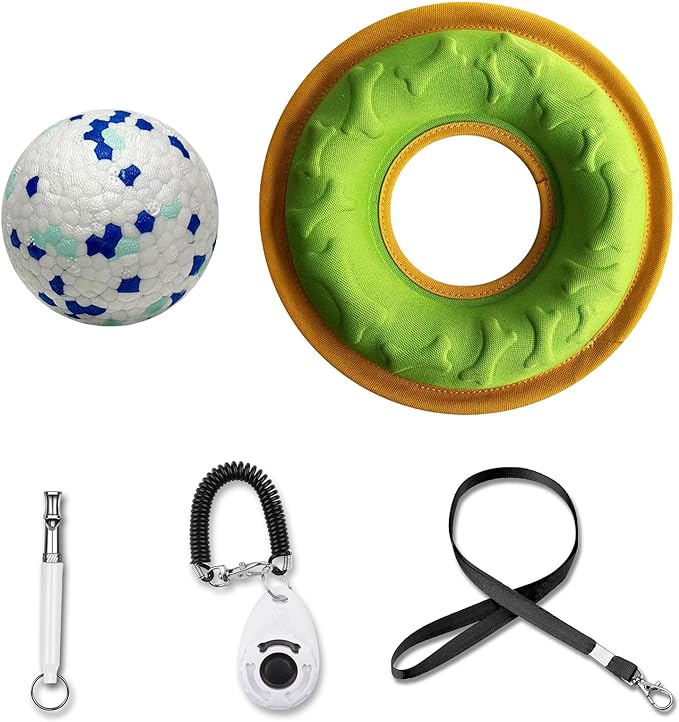 Dog Training Kit include Dog Training Clicker with Wrist Strap, Dog Whistle with Black Strap Lanyard, Dog Flying Discs, Dog Toy Balls, Suitable for Small Medium Dogs Training Tools (light-colored)