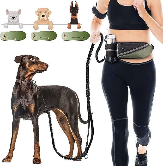 Hands Free Dog Leash for Medium and Large Dogs with Waist Belt Pouch,Dog Running Leash for Training Hiking Jogging Running Walking with Double Handle Bungee | Reflective Stitches Army Green