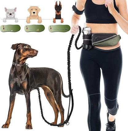 Hands Free Dog Leash for Medium and Large Dogs with Waist Belt Pouch,Dog Running Leash for Training Hiking Jogging Running Walking with Double Handle Bungee | Reflective Stitches Army Green