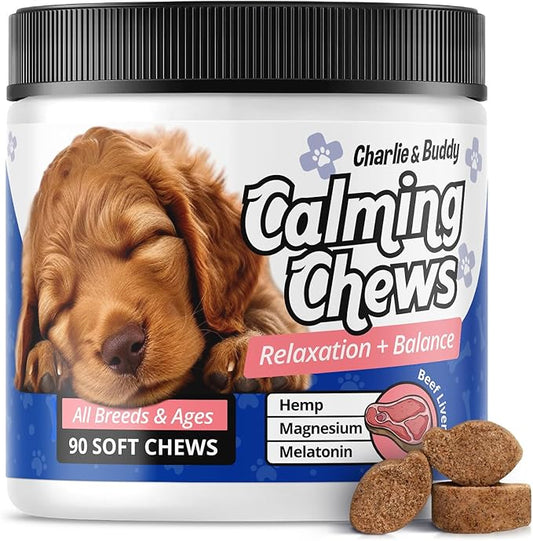 Charlie & Buddy Calming Chews for Dogs, Dog Anxiety Relief, Promote Relaxation, Dog Calming Chews with Melatonin for Dogs, Chamomile, Magnesium Citrate, 90 Soft Chews, Beef Liver Flavor