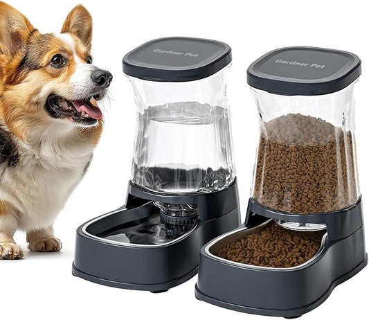 Automatic Dog Water Dispenser Gravity Stainless Steel Water Waterer & Food Feeder Set, Large Capacity Feeding Bowls for Medium & Large-Sized Dogs Cats Other Pets -(1 Gallon x2)